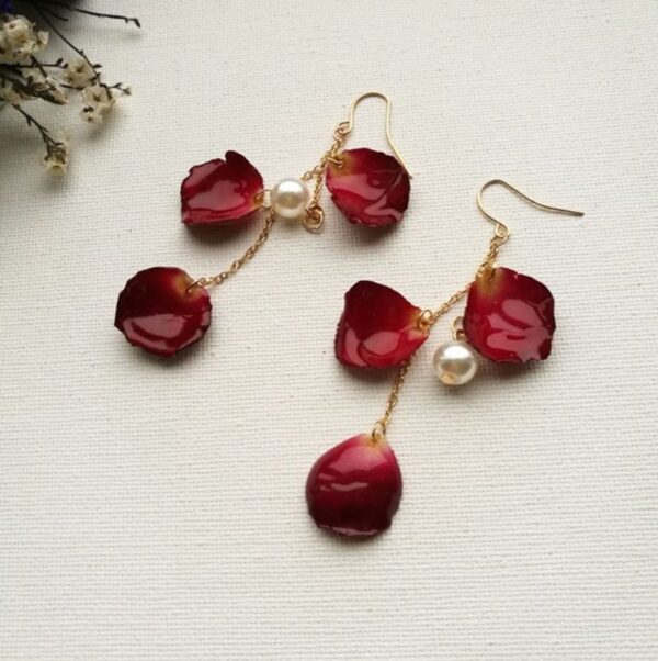 Handmade Red Rose Petal Earrings with Pearl Accents
